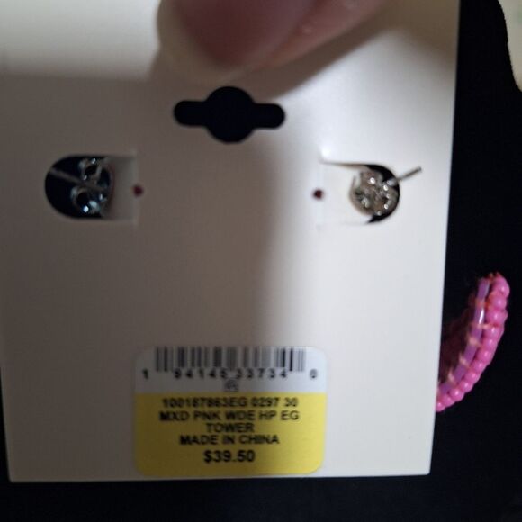 On 34th Silver-Tone Medium Color Seed Bead & Raffia C-Hoop Earrings, 1.25" Pink - Picture 4 of 4